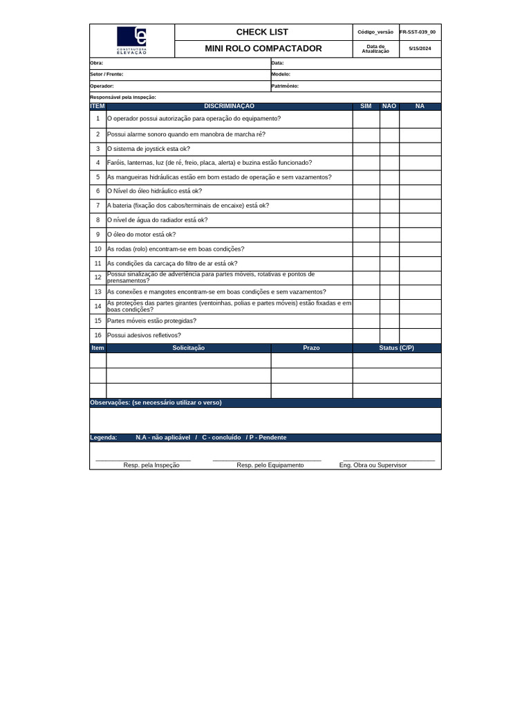Checklist de Inspeção Mini Rolo Compactador | PDF