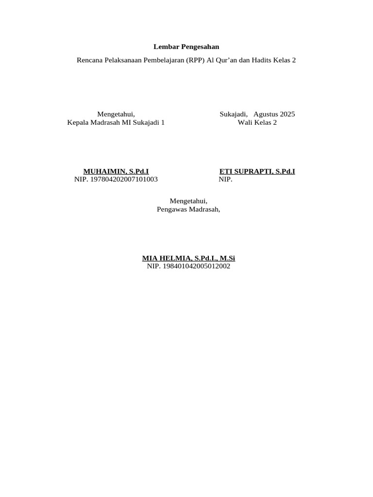 Contoh Lembar Pengesahan RPP Kelas 2 | PDF
