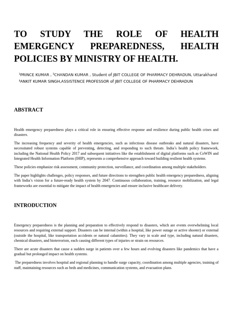 Health Emergency Preparedness in India | PDF | Emergency Management ...