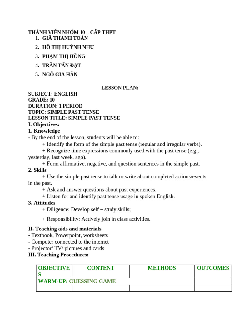 Simple Past Tense Lesson Plan | PDF | Grammatical Tense | Verb