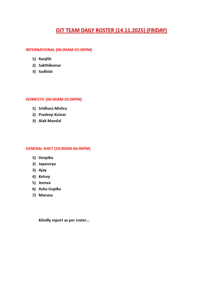 OJT Team Daily Roster - Nov 14, 2025 | PDF