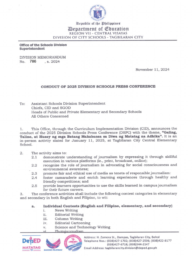 DM No. 786 S. 2024 Conduct of 2025 Division Schools Press Conference | PDF