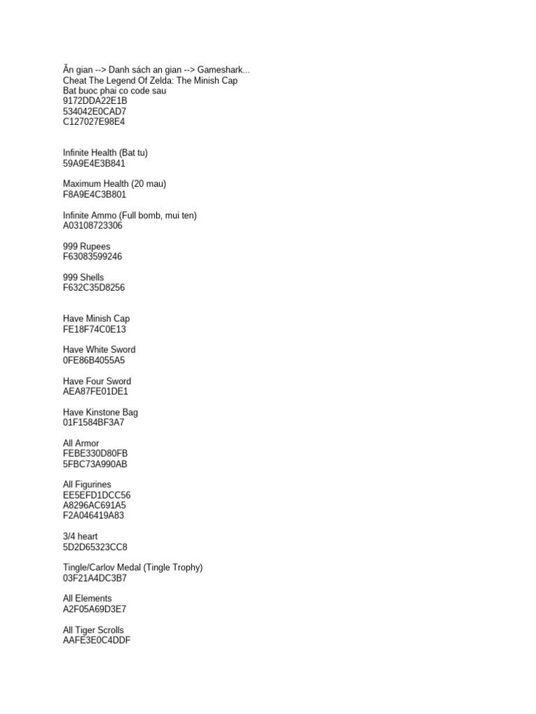 Zelda: Minish Cap Cheat Codes List | PDF