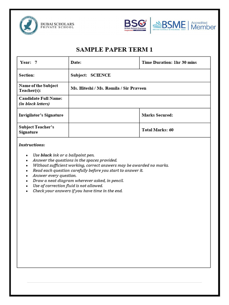 Year 7 Science Term 1 Sample Paper | PDF | Water | Potential Energy