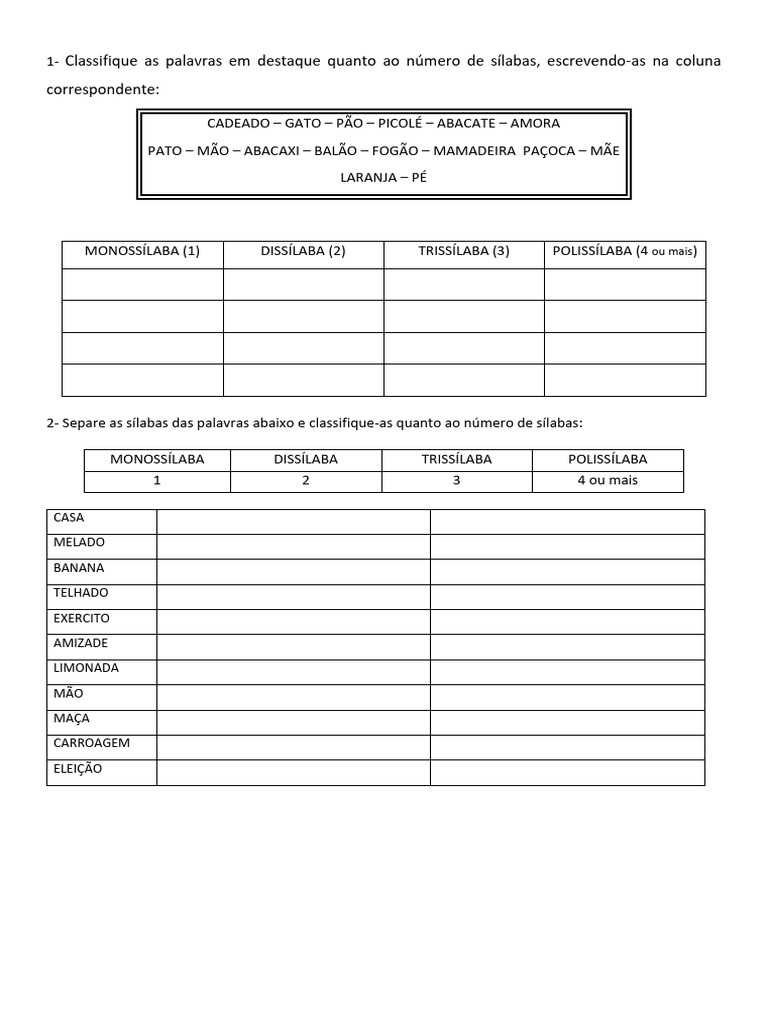 Classificação de Palavras por Sílabas | PDF