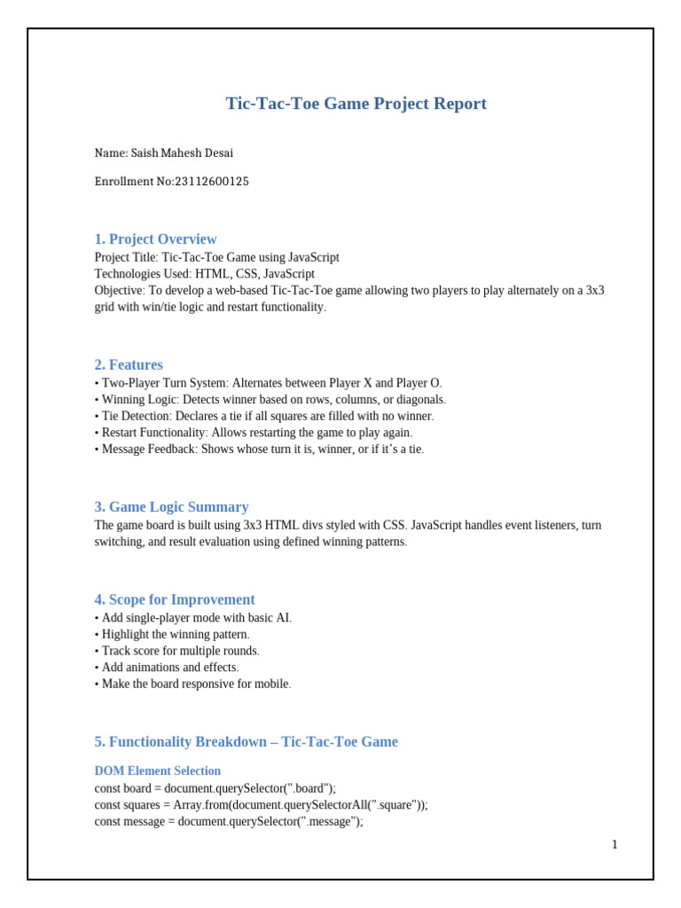 JavaScript Tic-Tac-Toe Game Report | PDF | Document Object Model | Java ...