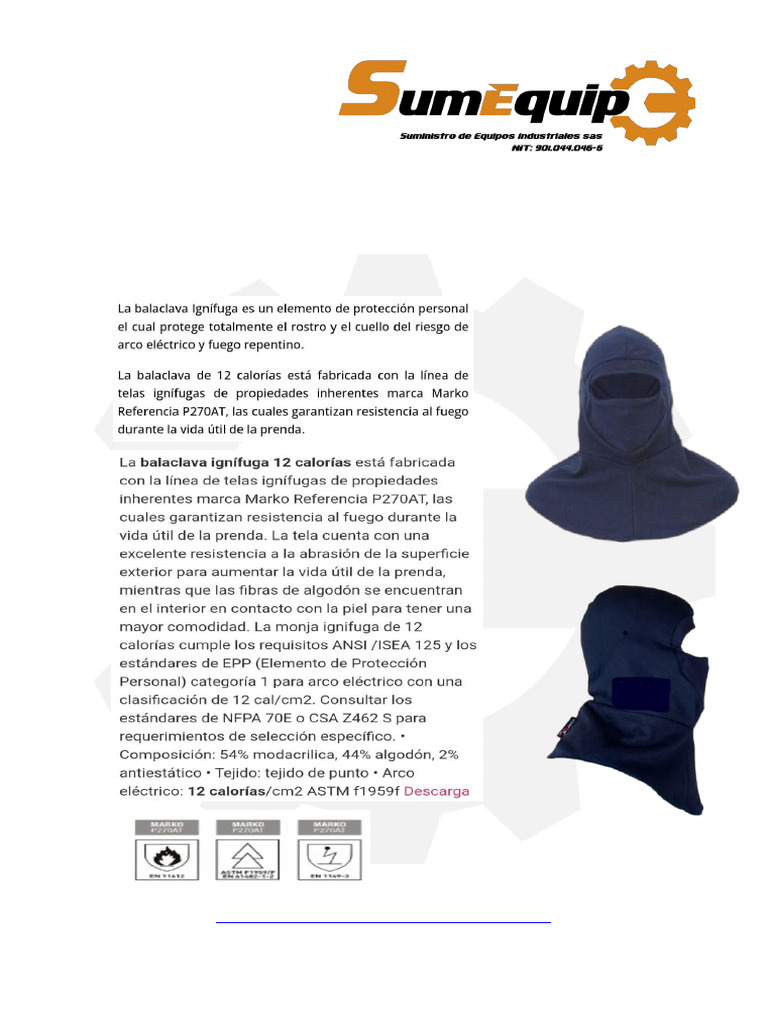 Balaclava Ignifuga 12 Cal Lineman Protection | PDF
