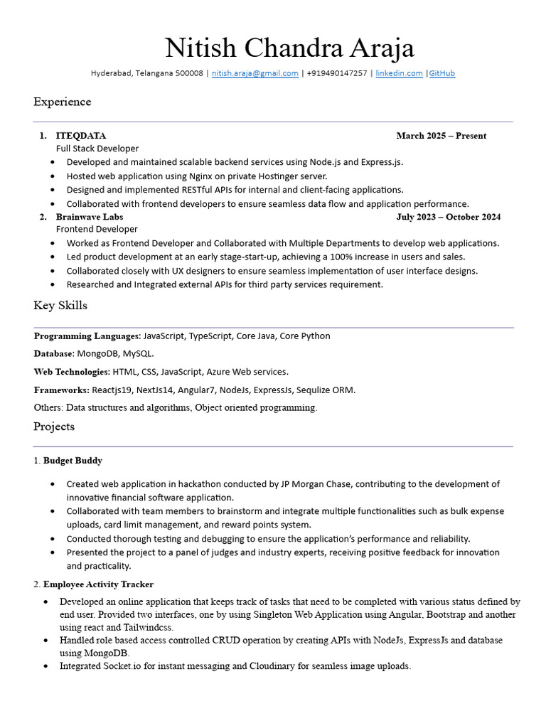 Full Stack Developer Resume - Nitish Araja | PDF | Web Application ...