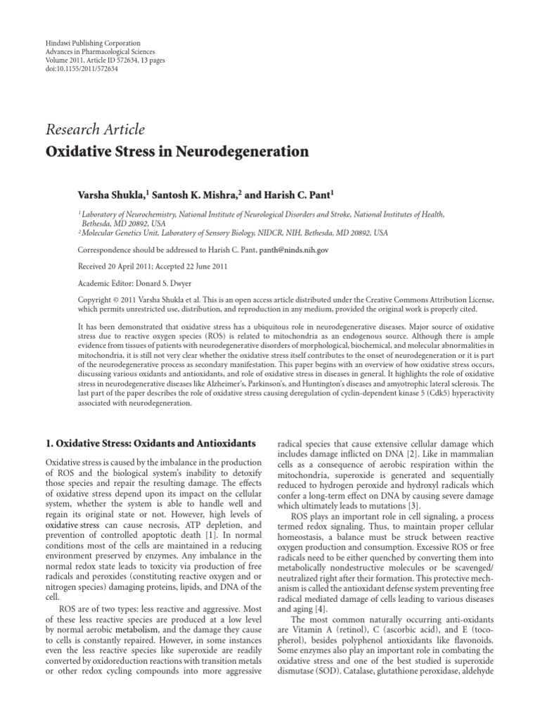 Oxidative Stress in Neurodegeneration | PDF | Reactive Oxygen Species ...