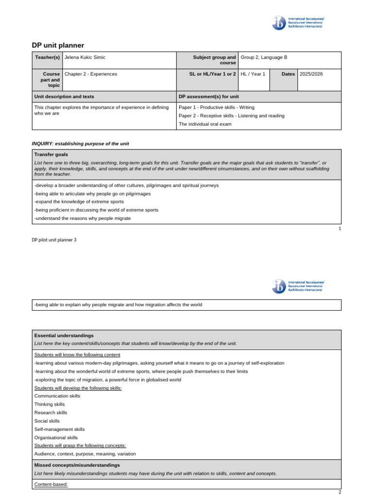DP Unit Planner: Language B Experiences | PDF | Knowledge | Metacognition