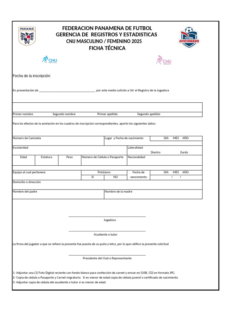 Ficha Técnica de Registro de Jugadora