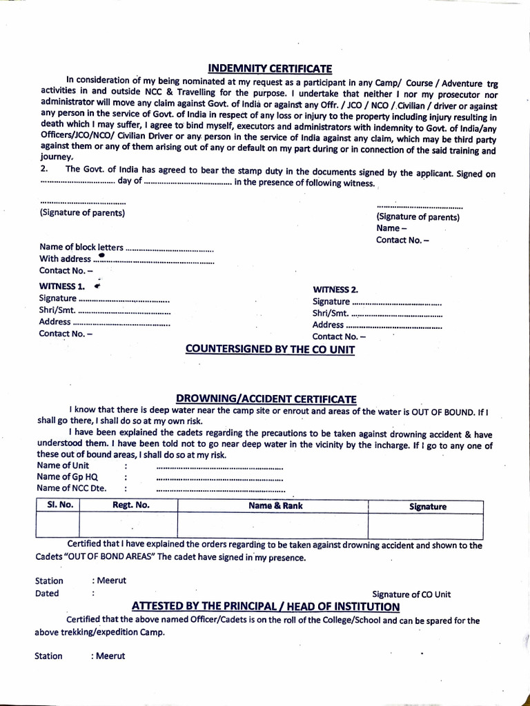 NCC Camp Indemnity and Consent Form | PDF