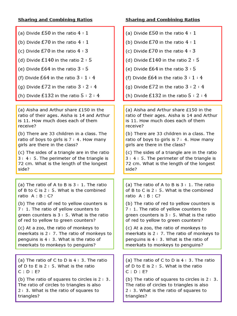 Ratios: Sharing and Combining Examples | PDF | Ratio | Numbers