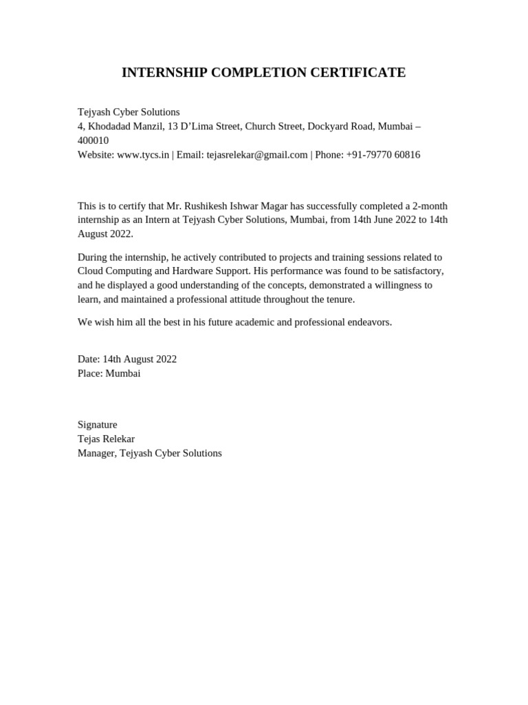 Internship Completion Certificate - Tejyash Cyber Solutions | PDF