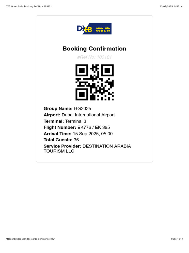 DXB Greet & Go Booking Ref No - 103121 | PDF
