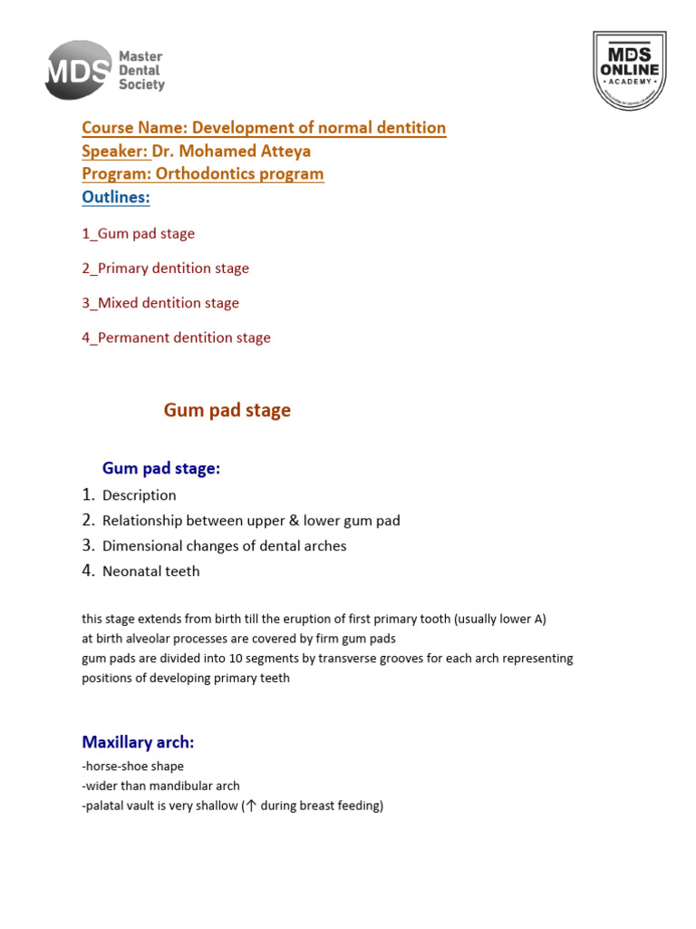 Stages of Normal Dentition Development | PDF | Dental Anatomy | Human Tooth