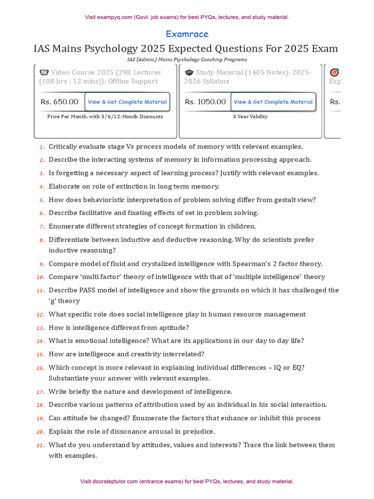 IAS Psychology Mains 2025 Exam Questions | PDF | Psychology | Intelligence