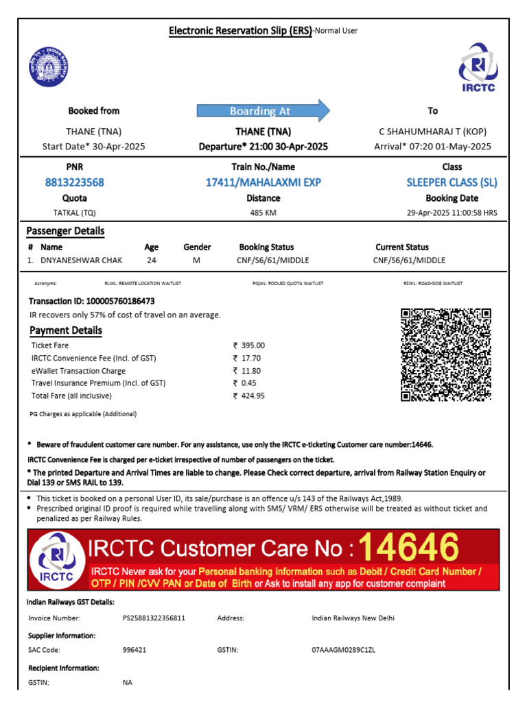 Electronic Reservation Slip for Train Booking | PDF | Identity Document ...