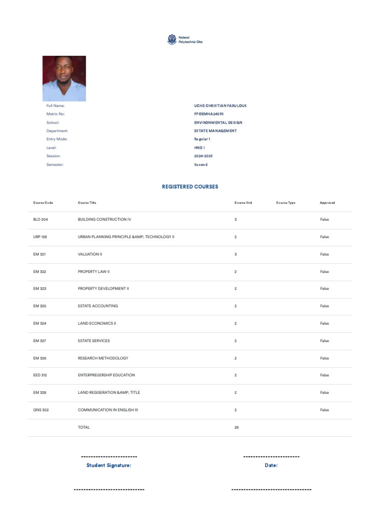 Course Registration FedPoly Oko SM Core Portal HND 1 Second Semester | PDF