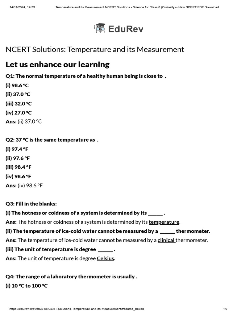 Temperature and Its Measurement NCERT Solutions - Science For Class 6  (Curiosity) - New NCERT PDF Download | PDF | Thermometer | Fahrenheit