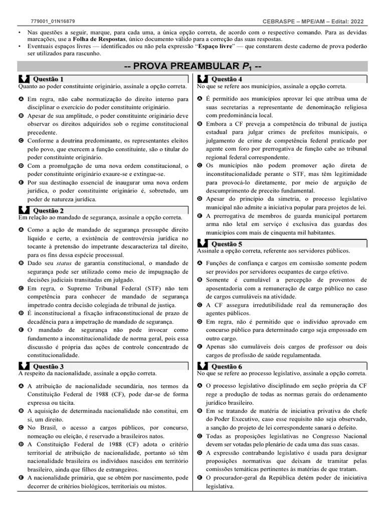 Prova Preambular MPE/AM: Questões e Respostas | PDF | Mandamus | Eleições