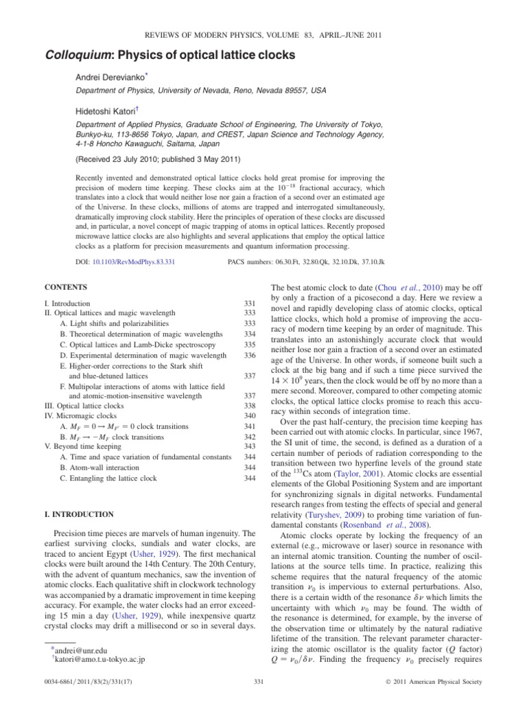 Physics of Optical Lattice Clocks - Derevianko | PDF | Tensor ...