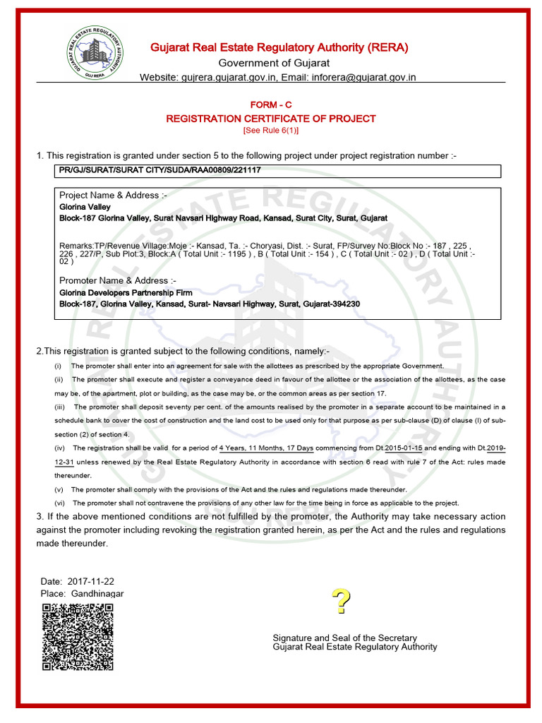 RERA Registration Certificate for Glorina Valley | PDF | Private Law ...