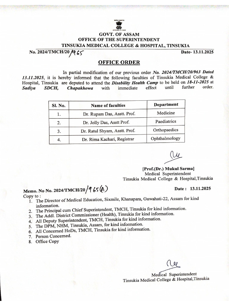 Disability Health Camp - 18th Nov, 25 - Duty Roster - Sadiya SDCH | PDF