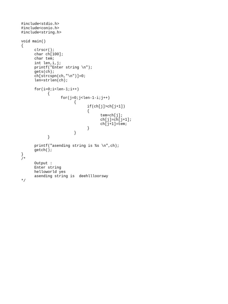 C Program for Ascending String Sort | PDF