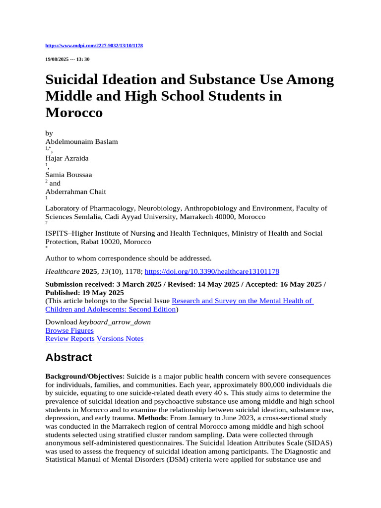 Suicidal Ideation & Substance Use in Moroccan Teens | PDF | Major ...