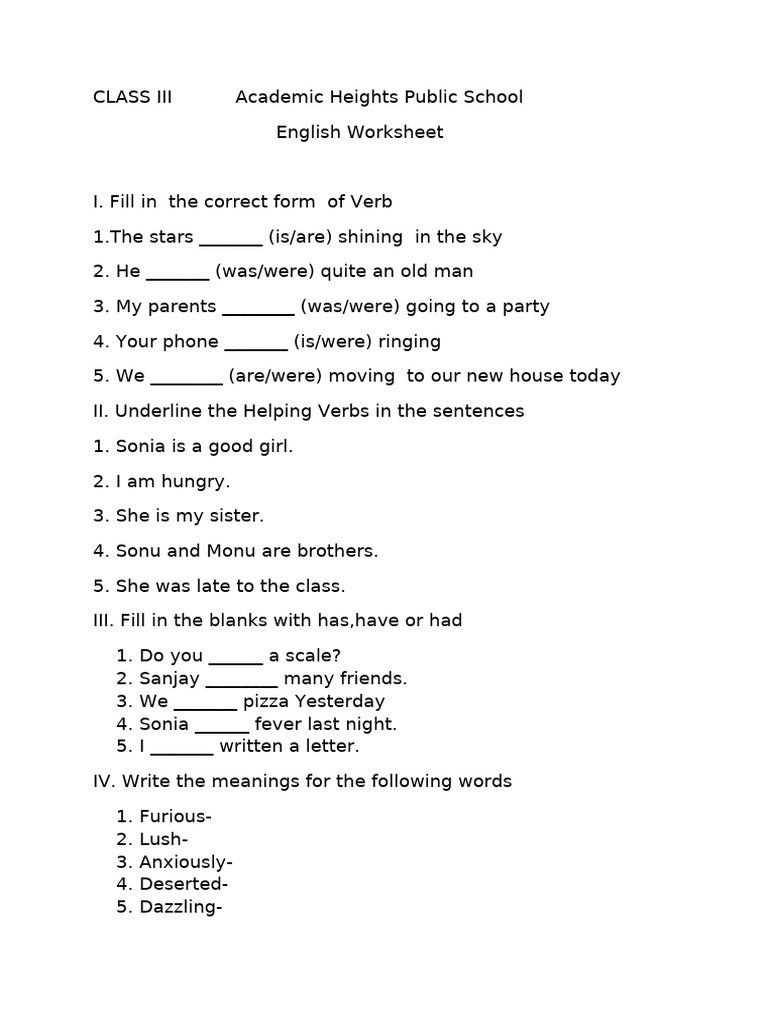 Class 3 English Worksheet | PDF