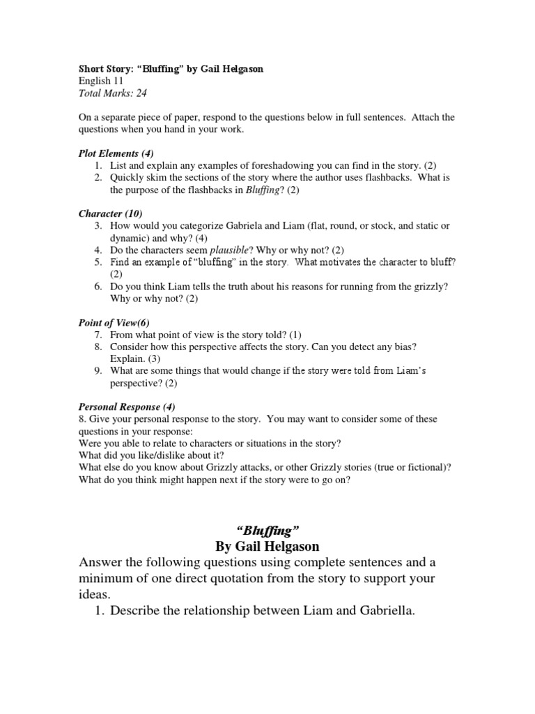 Worksheets Short Story Questions bluffing