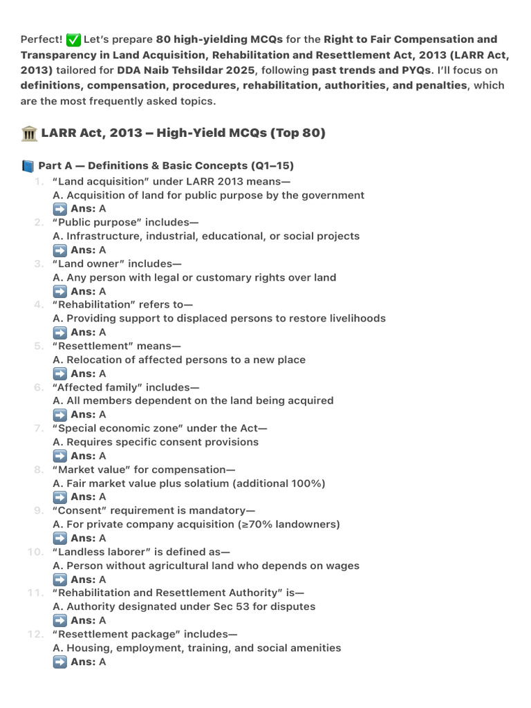 80 MCQs on LARR Act 2013 for DDA Exam | PDF | Government | Justice