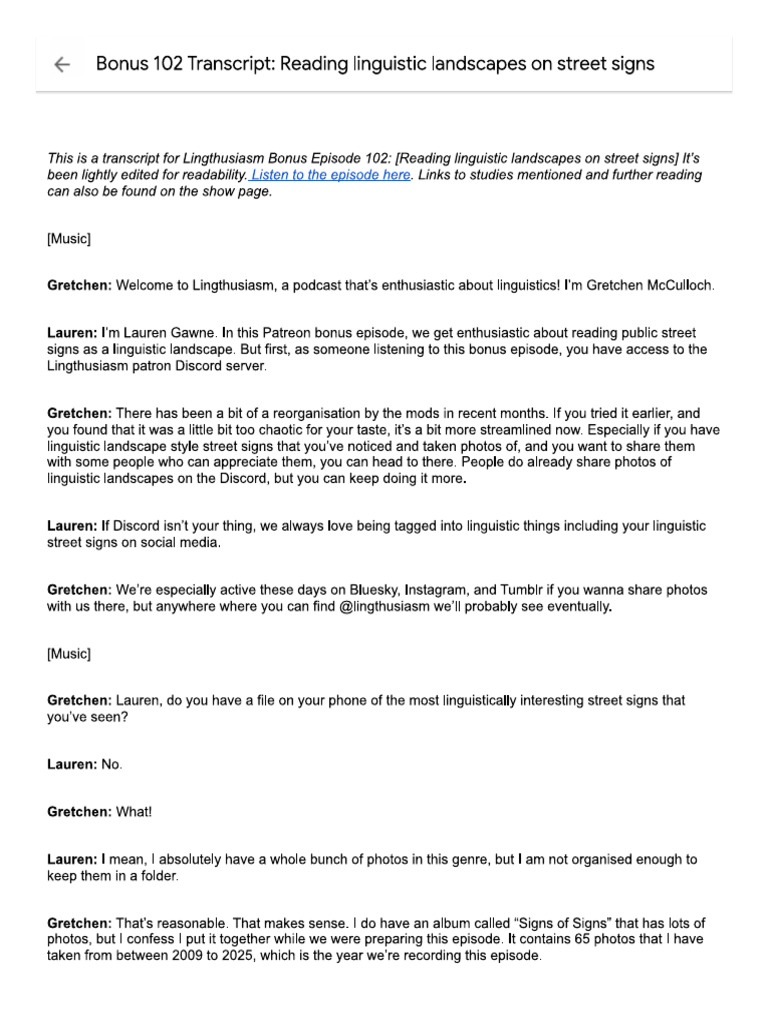 Lingthusiasm Bonus 102 Transcript - Reading Linguistic Landscapes On ...