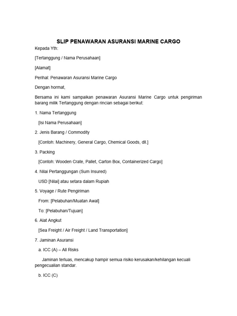 Contoh Slip Penawaran Marine Cargo | PDF
