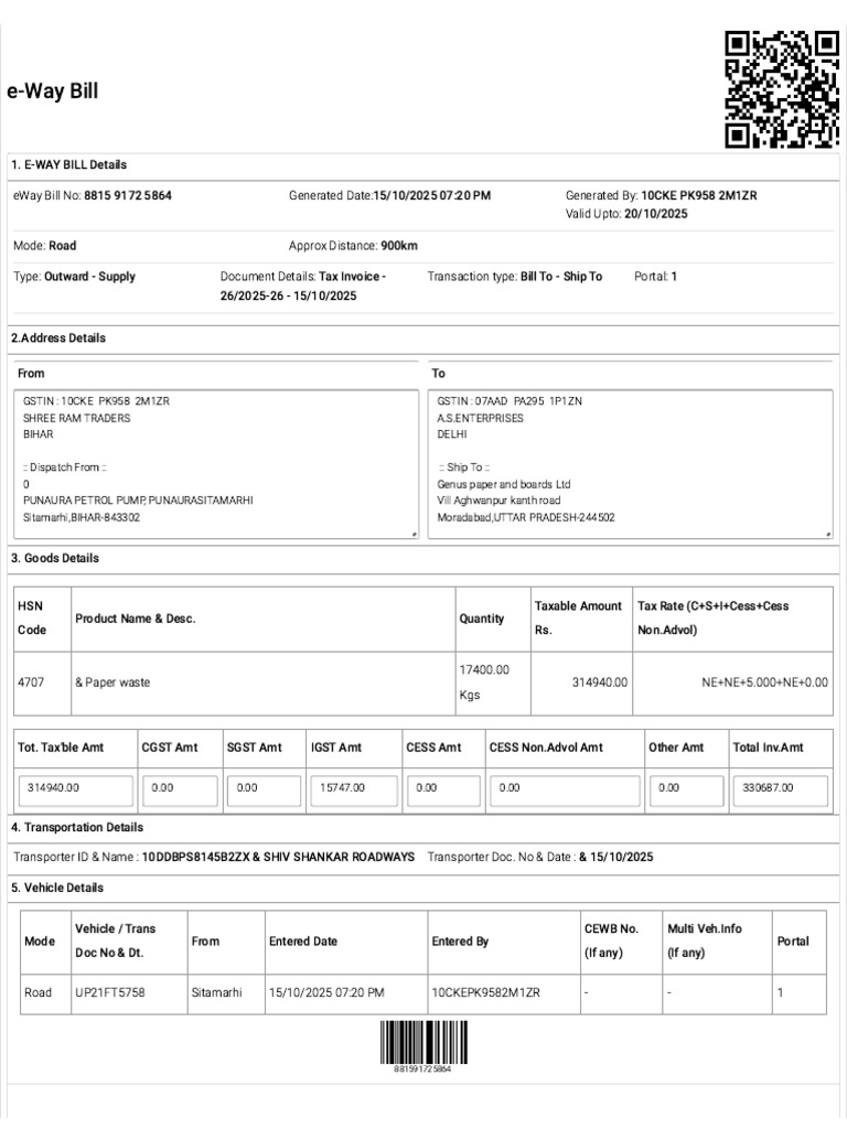 E-Way Bill Details and Transportation Info | PDF | Public Finance ...