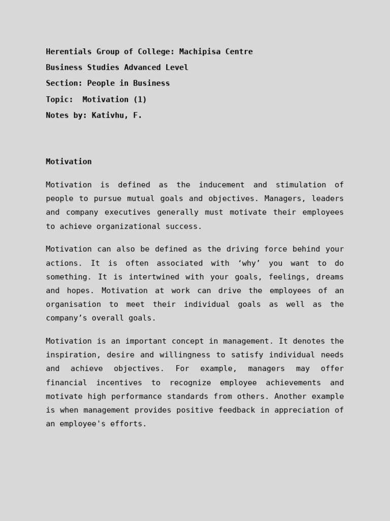 Motivation_Part 1 Notes | PDF | Motivational | Motivation