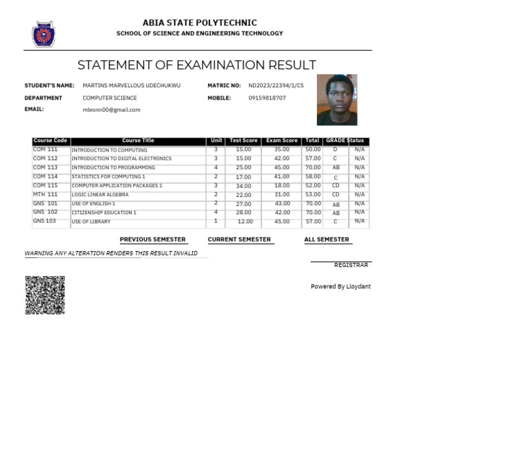 Computer Science Semester Results Summary | PDF