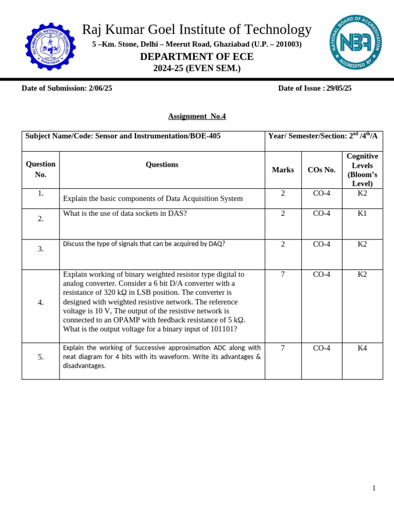 ECE Assignment on Data Acquisition Systems | PDF