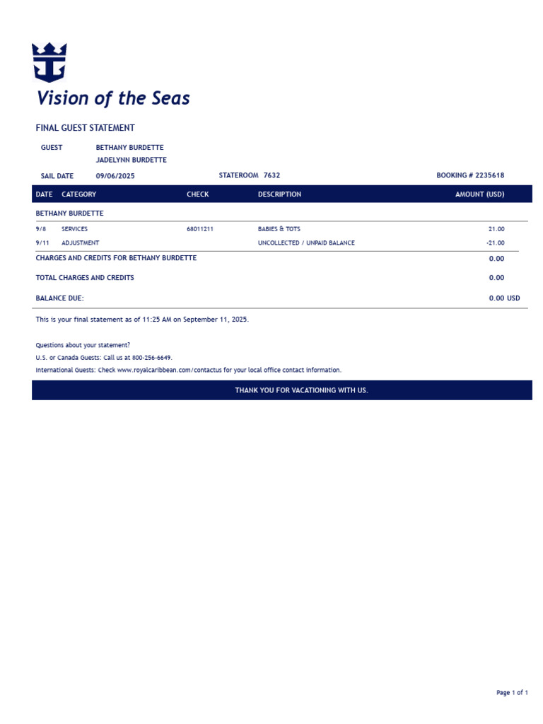 Final Guest Statement for Vision of the Seas | PDF