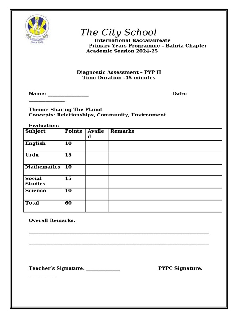 PYP II Diagnostic Assessment 2024-25 | PDF | Cognition | Learning