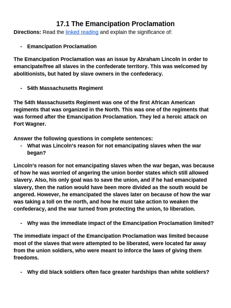 Copy of Civil War - Book Questions - Part 2 | PDF | Emancipation ...