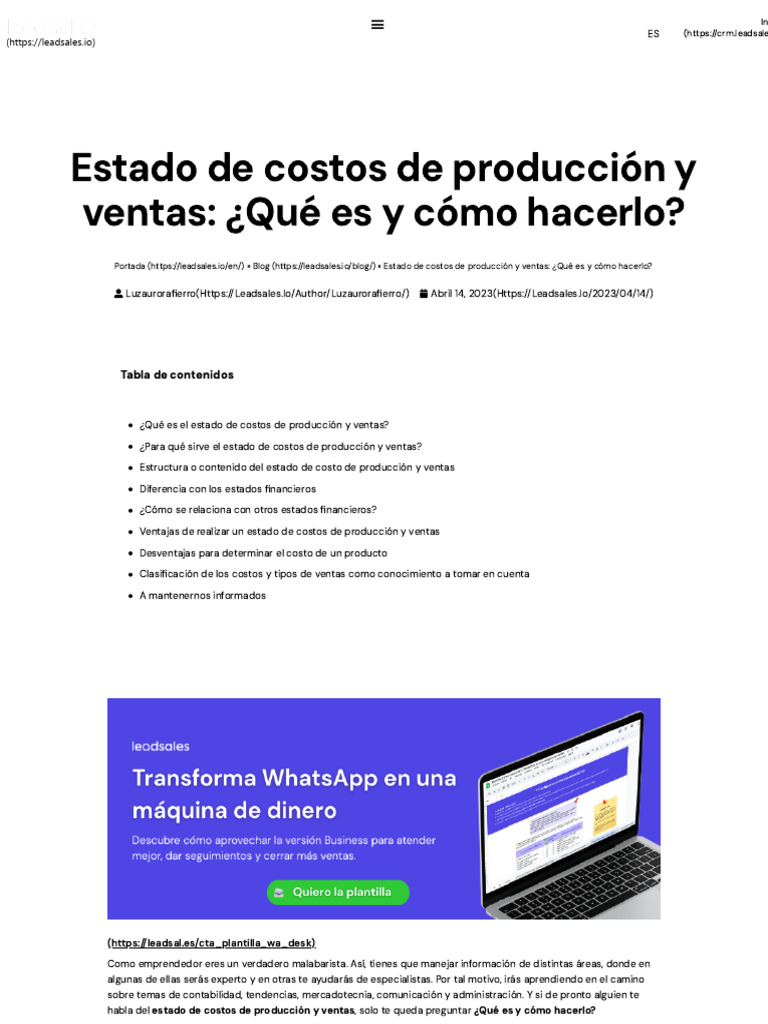 Estado de Costos de Producción y Ventas | PDF | Estado financiero | Costo