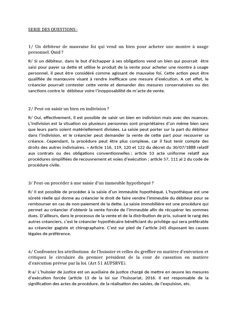 Questions sur la saisie et l'exécution judiciaire | PDF | Débiteur | Loi