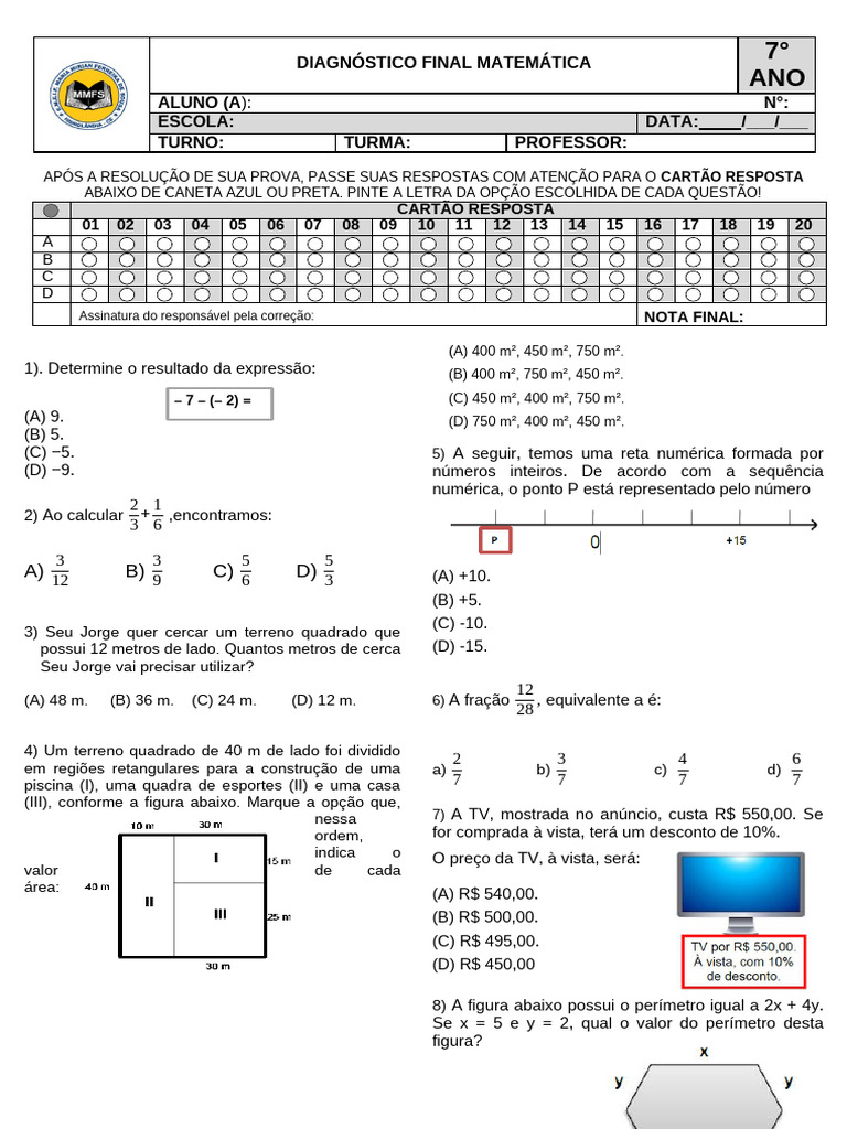 7° ANO - SIMULADO FINAL DE MAT 7º ANO | PDF | Matemática