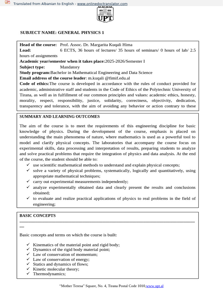 General Physics 1 Course Overview | PDF | Force | Velocity
