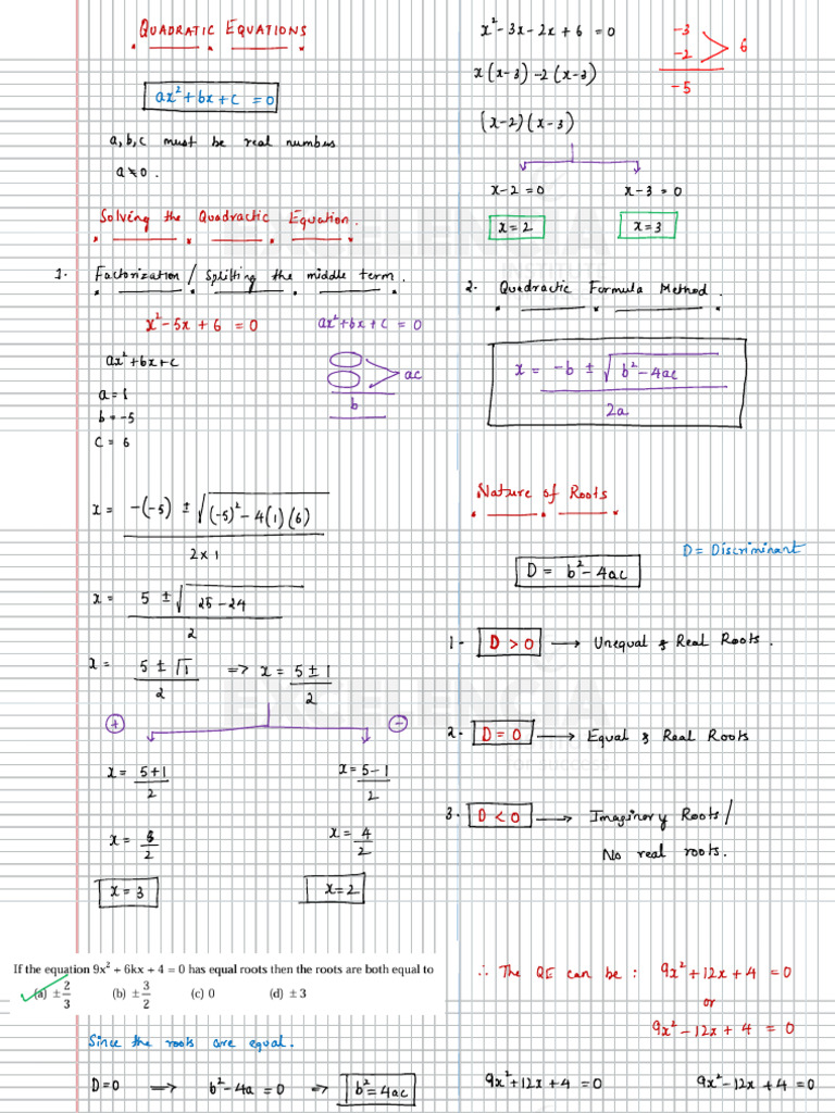 Quadractic Equation Complete Class Notes | PDF