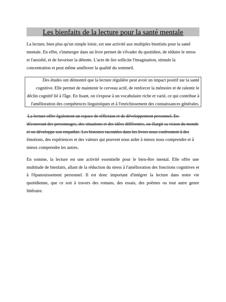 Bienfaits de la lecture sur la santé mentale | PDF