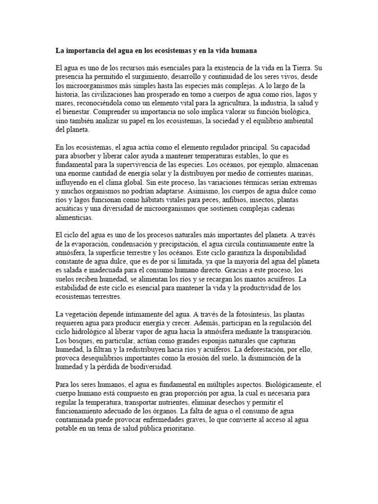 La Importancia Del Agua en Los Ecosistemas y en La | PDF | Agua ...