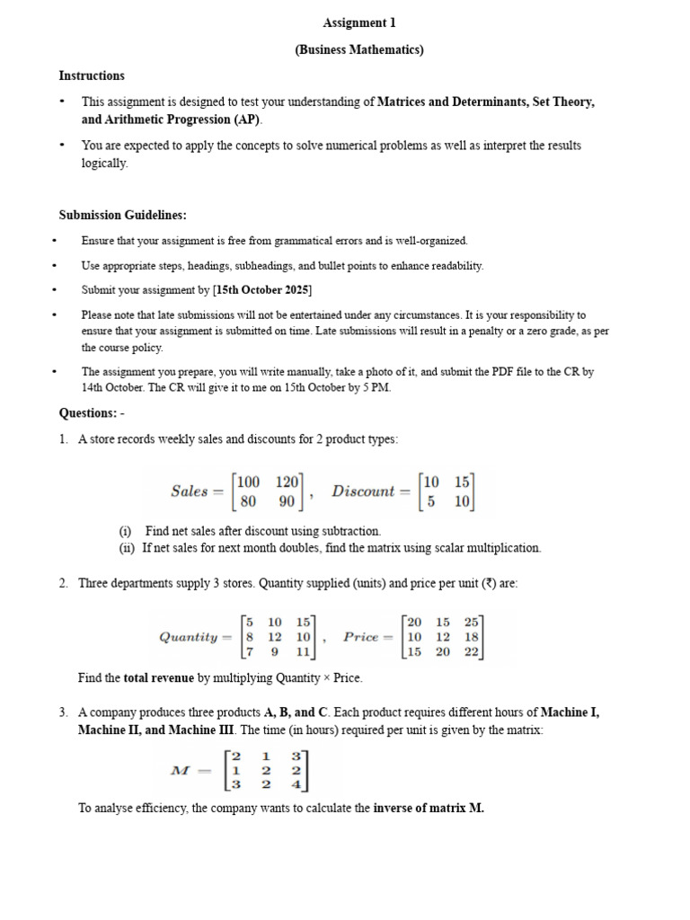 Business Math Assignment: Matrices & AP | PDF | Multiplication | Matrix ...